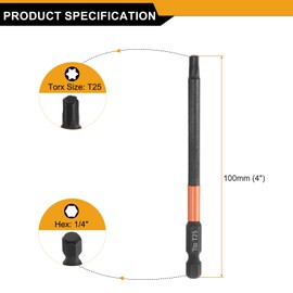HARFINGTON 3pcs T25 Torx Head Screwdriver Bit 4" (100mm) Long 1/4" Hex Shank Magnetic No Hole Tamper Proof 6 Point Star Screw Driver Drill Bits Phosphate S2 Steel Industrial Power Tools