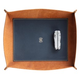 USA Handmade Premium Leather Valet Tray, Folds Flat! Dice Rolling Basket and Organizer with Brass Snaps (Chestnut and Blue Gold, XL)