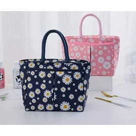 StyleC Portable Daisy Pattern Printed Lunch Box Waterproof Thermal Insulated Tote Bag Reusable Cooler Bag Lunch Container , Lunch Holder for Women, Men, Student and Kid (Daisy Dark Blue)