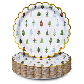 Confettiville Christmas Paper Plates, 50-Count Disposable Christmas Dinner Plates, Scalloped Gold, Party Supplies, Hand Drawn Christmas Trees