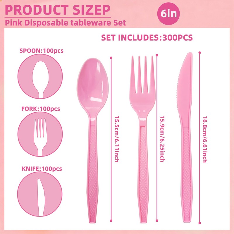 300Pcs Disposable Pink Silverware Set, Plastic Cutlery Set, 100 Forks,