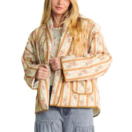 Meyhad Women’s Floral Quilted Jacket Lightweight Padded Outerwear Puffy Cardigan Coat with Pockets(0754-Yellow01-M)