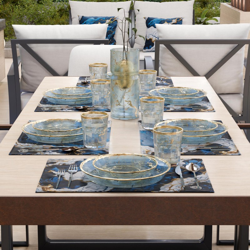 MARBLELIZED - Washable American Placemats, Blue Marble Effect Fabric Placemats,