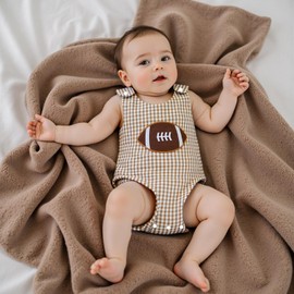 KMBANGI Newborn Baby Boy Football Outfit Sleeveless Rugby Embroidered Overalls Romper Plaid One Piece Game Day Clothes (Khaki, 0-3 Months)