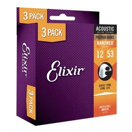 Elixir Strings, Acoustic Guitar Strings, Phosphor Bronze with NANOWEB Coating, Longest-Lasting Rich and Full Tone with Comfortable Feel, 6 String Set, 3 Pack, Light 12-53