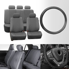 FH Group Deluxe Leatherette Full Set Seat Covers (Airbag Ready and Split) W. FH2006 Microfiber Embossed Leather Black Steering Wheel Cover- Fit Most Car, Truck, SUV, or Van (Solid Gray) PU007115