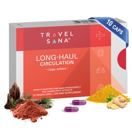 TRAVELSANA Long-Haul Circulation Relieves Leg Discomfort, Reduces Swollen Feet, Legs, Ankles from Prolonged Sitting, Travel Essentials, Pycnogenol 100mg, Ginger Extract, 10 Servings (Veg Caps)