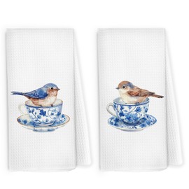 Pugwak Chinoiserie Birds Kitchen Dish Towels 16x24 Inch Set of 2, Bird Tea Cup Gift for Bird Lover, Cute Blue Birds Dish Towel, Blue and White Porcelain Decorative Hand Tea Towels for Bathroom Cooking