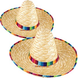 2 Pack Mexican Sombrero Hat with Serape Trim Cinco De Mayo Fiesta Hats Straw Sombreros Mexicanos for Mexican Cinco de Mayo Festive Party Dress Up Costume Accessories