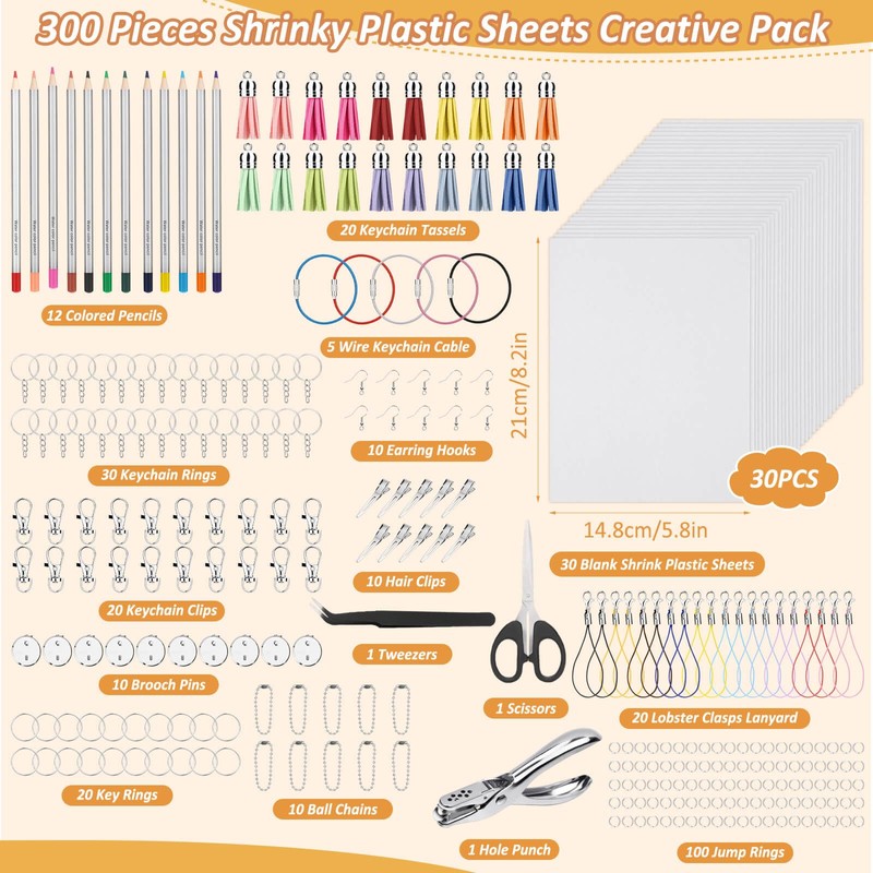 shynek 300 Pieces Shrinky Plastic Sheets Keychain kit, Including Shrinky