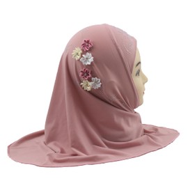 Modest Beauty girls Muslim Islamic Scarf Hijab Handmade flower lovely Rhinestone Headscarf for Kids, Dark Pink, One Size