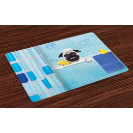 Lunarable Pug Place Mats Set of 4, Pug Dog in a Bathtub with Funny Expression Yellow Duck and Towel Domestic Pet Wash Time, Washable Fabric Placemats for Dining Room Kitchen Table Decor, Multicolor