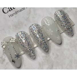 Ribbon Snowflake Glitter Nail Handmade Nail Tip - Oval / 리본 눈꽃 글리터네일 수제네일팁 - 오벌