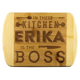 Mom To Be Gifts - In The Kitchen Erika Is The Boss - Mothers Day Gifts, Gift Ideas For Mom, Funny Cutting Board Engraved Bamboo Chopping Block, Bamboo Engraved Cutting Board