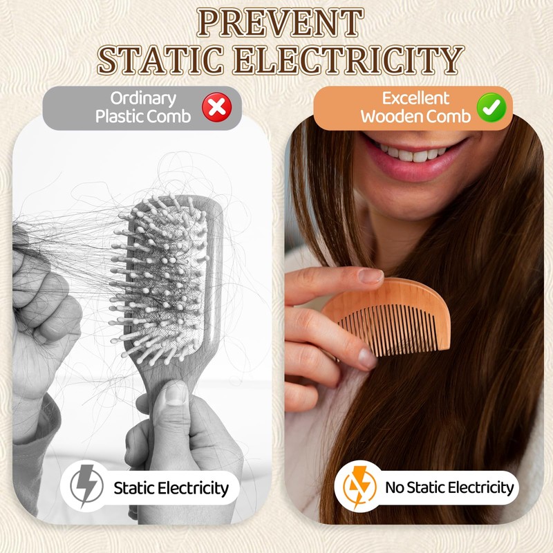 Natural Peach Wood Comb, 2 Pack Mini Wooden Comb Anti-Static