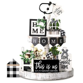 Patelai Two Tiered Tray with 11 Pcs Wooden Signs, Farmhouse Tiered Tray Decor Set Rustic Home Kitchen Table Fall Decor Wood Tiered Tray Stand Decorative Table Shelf Centerpiece (Plaid Style)