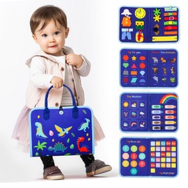 EVERGD Busy Board Montessori Toy for Toddler, 3-Layer Dinosaur Educational Activity Sensory Board Preschool Learning Fine Motor Skills Toys, Travel Toy for Plane Car Best Gift