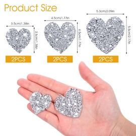 Grevosea 6 Pieces Heart Iron on Patches, 3 Sizes Iron on Patches for Women Glitter Applique Patches Iron on Rhinestones Chrome Heart Patches for Clothes Jeans Shoes Hats Backpack Decoration (Silver)