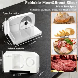 Meat Slicer for Home, 150W Foldable Deli Meat Slicer with 6.7'' Blade, Child Lock Protect Electric Bread Slicer, Adjustable Thickness Portable Food Cutter Machine for Spam Breads Meat (White)