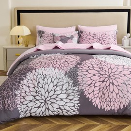 Koniroom 6-Piece Pink and Grey Comforter Set Twin Size - Reversible Floral Bed in a Bag with Sheets, Pillowcases, Shams, and Decorative Pillow Cover