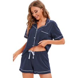 LUBOT 100% Cotton Pyjamas Set for Women Ladies, Short Sleeve Button Down Pajamas, Two Piece Pjs for Female Sets Sleepwear Loungewear, Navy Blue S
