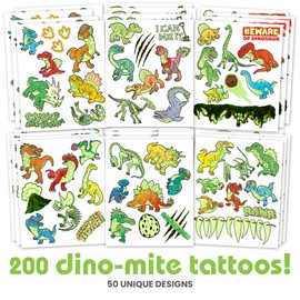Dinosaur Temporary Tattoos for Kids 200 pack. HUGE set of sticker tattoos. Great for Kids Birthdays. Made in the USA with safe ink.