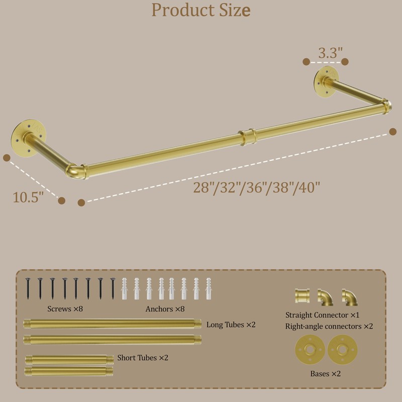 RSFMAS Wall Mounted Clothes Rack, Industrial Pipe Clothing Hanger 36