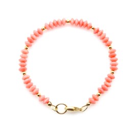 Jen Herrmann Jewelry 5mm Salmon Pink Coral & Gold Bracelet, Rondelle Disk Round Beaded Gemstone Bead - 6"