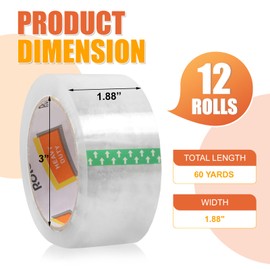 Rolett Packing Tape, 12 Rolls Shipping Tape, Heavy Duty Packaging Tape 1.88" x 65 Yards, 780 Total Yards, Clear Packing Tape Refills for Shipping Packaging Mailing, Strong Seal on All Box Types