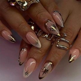 Almond Press on Nails Medium Fake Nails French Tip False Nails with Gold Star Heart Design Glue on Nails Glossy Full Cover Stick on Nails Elegant Acrylic Nails for Women Manicure 24Pcs