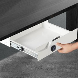 16 inch Secure Under Desk Mounted Pull Out Drawer with Fingerprint Lock for Office Desk Lockable Sliding Storage Organizer, White