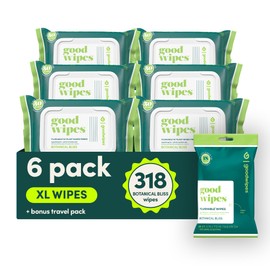 goodwipes Flushable Butt Wipes - Extra Large Adult Wet Wipes For Women & Men - Bathroom Essentials - Sewer & Septic Safe - Botanical Bliss, 318 Count (6 Packs + 1 Travel)