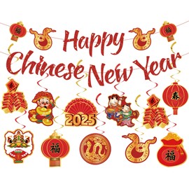 Lonfliness Chinese New Year Decoration 2025, 22pcs Happy Chinese New Year Banner Spring Festival Hanging Swirls Red Ceiling Streamer Year of The Snake Decoration for Lunar New Year Party Supplies