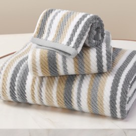 Cotton Towels Set of 3, 3PC Striped Towels - 100% Cotton & Quick Dry - 1 Soft Bath 28"x52", 1 Absorbent Hand 16"x27", 1 Lightweight Washcloth 13"x13", Tan Body Towel with Hanging loop, Gray + Beige