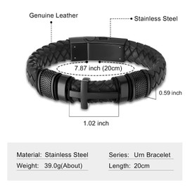 Imrsanl Cremation Jewelry Cross Urn Bracelet for Ashes for Women Men Memorial Braided Leather Urn Bracelet for Human Ashes Keepsake Cuff Bangle Jewelry (Cross-20cm)