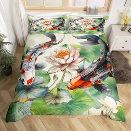 Manfei Black White Koi Fish Duvet Cover Queen Size,Japanese Ukiyo-e Animal Nature Comforter Cover with 2 Pillowcases for Teens Adults,White Lotus Leaves Watercolor 3 Pcs Bedding Set