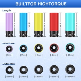 ZOYAKKI 5 PCS 1/2" Drive Wheel Protector Impact Socket,Metric Size15-17-19-21-22mm,Non-Marring Lug Nut Thin Wall Deep Socket Set, CR-MO, 6 Point, Color-Coded Protective Socket
