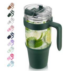 Tronco 40 oz Glass Tumbler with Straw and Lid, Leak-proof Flip Straw, Reusable Iced Coffee Cup with Handle, Glass Water Bottles Fits in Cup Holder, Lead-Free, BPA-Free