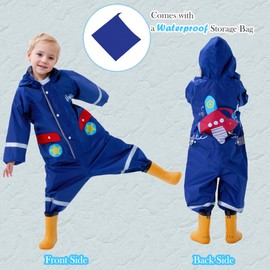 Vckrio Puddle Suit Boys Waterproof Mud Suit Navy Blue Rain Jumpsuit Lightweight All in One Quick Dry Suit One Piece Rain Coat Overalls with Plane Print Breathable Reusable Rainwear for Kids 6-7 Years