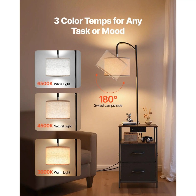 Modern 2-Tier 2-Drawer End Table 3-Color Temperature Lighting Nightstand Bedside