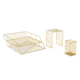 U Brands Metal Desk Organization Kit, Vena Collection, Cup, Sort and 2 Trays Included, Gold (3940U00-01)