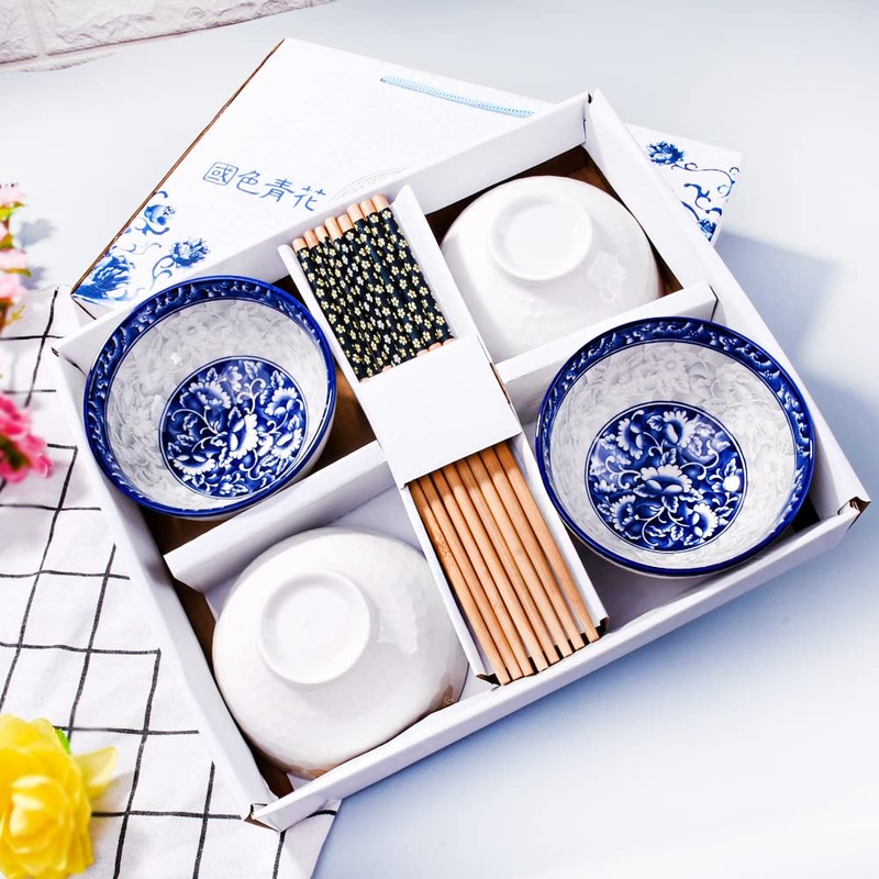 Chinese Bowl and Chopsticks Set of 4 for Rice Soup