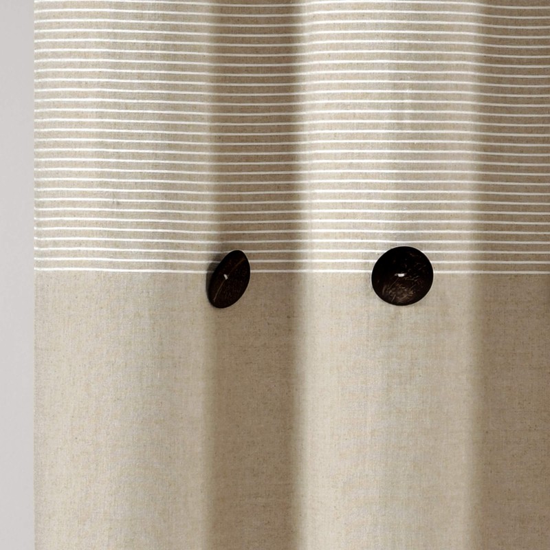 Lush Decor Beige Linen Woven Cotton Shower Curtain, Farmhouse Button