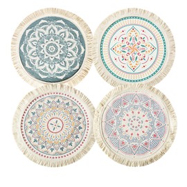 4 Pieces Round Boho Cotton Placemats for Hot Dishes and Drinks, 36 cm, Woven Cotton Placemats, Washable, Mandala Pattern, Tassel, Heat Resistant Table Mats for Dining Table, Home Decoration