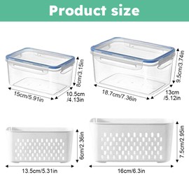 Loyanger - 2 recipientes de almacenamiento de frutas para nevera, con coladores extraíbles y tapa, recipientes de almacenamiento de alimentos, tazón de lavado de frutas para ensaladas, verduras, carne