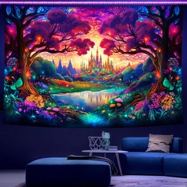 WIERAEM Schwarzlicht Wandteppich Wald Uv Psychedelic Wandtuch Natur Baum Burg Trippy WandtüCher SchöNe Bunt Fluoreszierende Tapestry Deko Groß 230x180cm