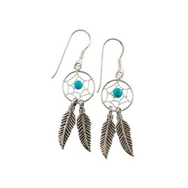 Earrings Dream Catcher with Turquoise 925 Sterling Silver Diameter 10 mm Country Western, Sterling Silver, Turquoise