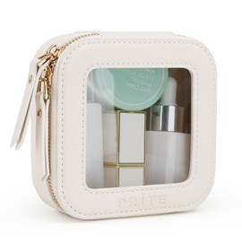 Prite Small Transparent Cosmetic Bag Mini Make Up Bag Women's Travel Waterproof Toiletry Bag Car Accessories and Car Organiser with Golden Double Zip (Beige)