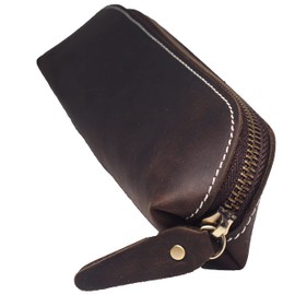 BAWAKO Pencil Case Made of High-Quality Leather, Compact Beautiful Pen Case Handmade with Zip for School Student, Cosmetic Bag, Makeup Bag, dark brown, Cosmetic bag