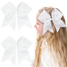 2PCS 8" Jumbo Cheer Bow Clip with Tails, Oaoleer Large Cheerleading Hair Bows for Girls Teen Softball Cheerleader Outfit Uniform (White)